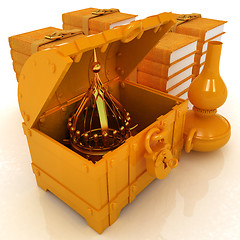 Image showing Crown in a chest and  books with  kerosene lamp beside. 3d rende