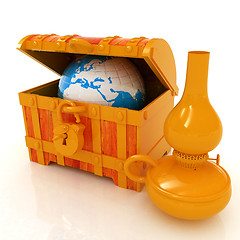 Image showing Earth in a chest and kerosene lamp. 3d illustration