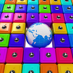 Image showing Earth and many safes. Global bancing online concept of money sav
