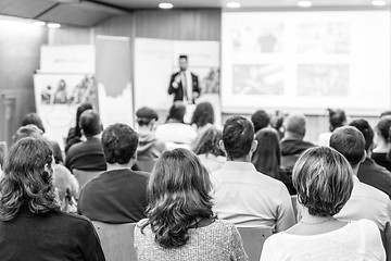 Image showing Business speaker giving a talk at business conference event.