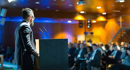 Image showing Public speaker giving talk at business event.