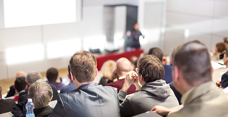 Image showing Business speaker giving a talk at business conference event.