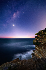 Image showing Sydney coast by night with starry milky way sky