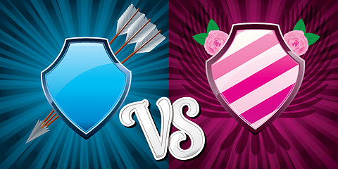 Image showing Background with pink and blue team shields versus