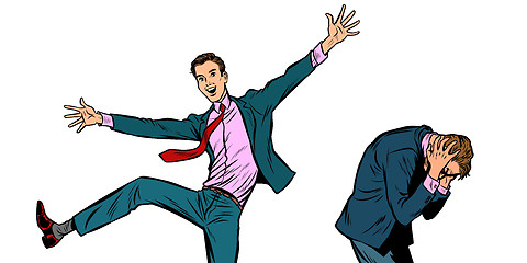 Image showing two businessmen. different emotions happiness joy smile and panic sadness fear