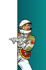 Image showing african Girl woman astronaut. Point to copy space poster