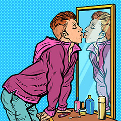 Image showing a man kisses his own reflection, narcissism ego selfishness