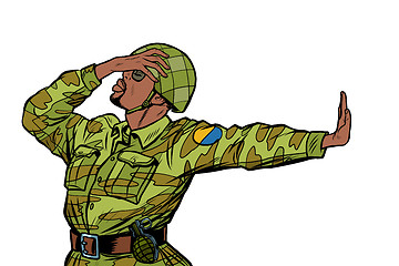 Image showing african soldier in uniform shame denial gesture no. anti militarism pacifist