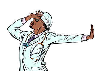 Image showing african doctor man medicine. shame denial gesture no