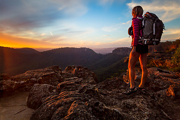 Image showing Bushwalker on a hike in upper Blue Mountains to peak