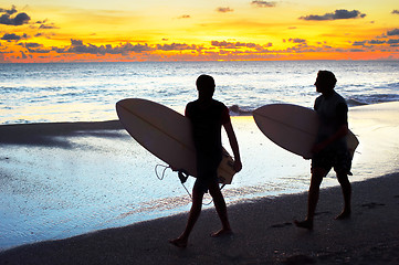 Image showing Surfing with friends. Bali island