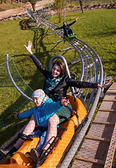 Image showing young mother and son driving alpine coaster