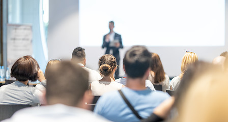 Image showing Male business speaker giving a talk at business conference event.