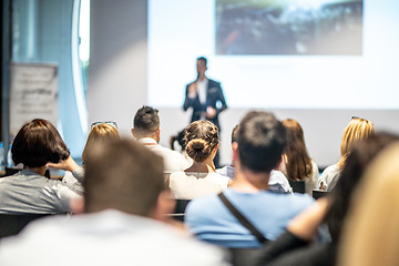 Image showing Male business speaker giving a talk at business conference event.