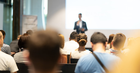 Image showing Male business speaker giving a talk at business conference event.