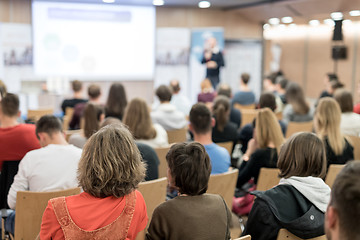 Image showing Business speaker giving a talk at business conference event.