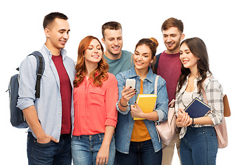 Image showing group of smiling students with smartphone