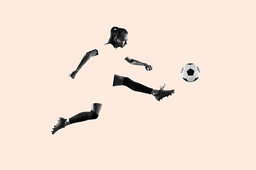 Image showing Female soccer player kicking ball, creative collage