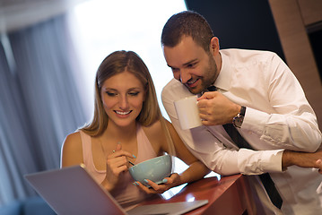 Image showing A young couple is preparing for a job and using a laptop