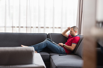 Image showing Man using laptop in living room