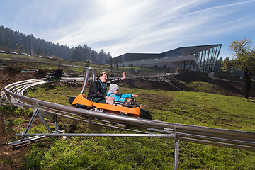 Image showing mother and son enjoys driving on alpine coaster