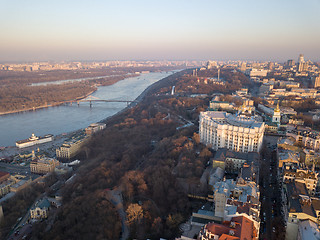 Image showing Panoramic view of Kiev, the Dnieper River and Podol district in April. Kiev, Ukraine. Drone photography