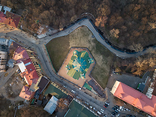 Image showing St. Andrew\'s church aerial top view in city Kiev, Ukraine