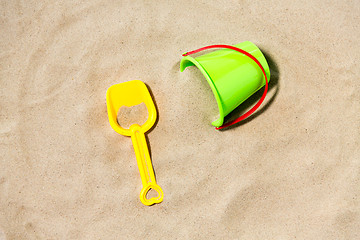 Image showing toy bucket and shovel on beach sand