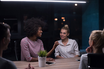 Image showing Multiethnic startup business team in night office