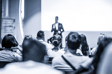 Image showing Business speaker giving a talk at business conference event.