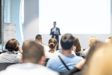 Image showing Male business speaker giving a talk at business conference event.