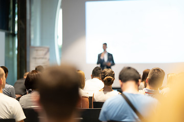 Image showing Male business speaker giving a talk at business conference event.