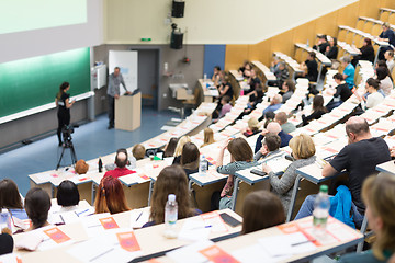 Image showing Expert speaker giving a talk at scientific business conference event.