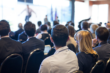 Image showing Business motivational speaker giving a talk at business conference event.