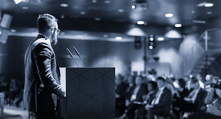 Image showing Public speaker giving talk at business event.