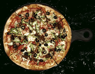 Image showing Delicious Pizza with Ham, Olives and Jalapenos