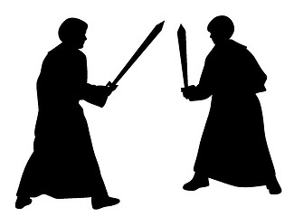 Image showing Two kids sword fighting duel in medieval style costumes