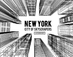 Image showing New York is a city of skyscrapers. Vector illustration in the drawing style on a white. View of the skyscrapers below