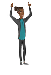 Image showing African businessman standing with raised arms up.