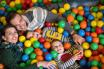 Image showing parents and kids playing in the pool with colorful balls