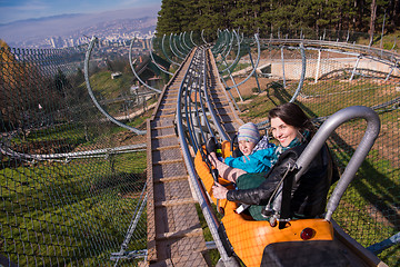 Image showing young mother and son driving alpine coaster