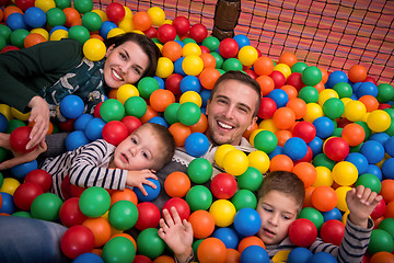 Image showing parents and kids playing in the pool with colorful balls