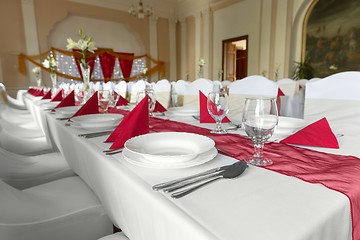 Image showing Large dining hall with tables set up