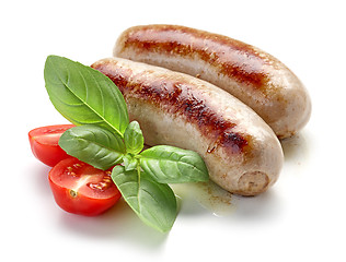 Image showing grilled sausages on white background