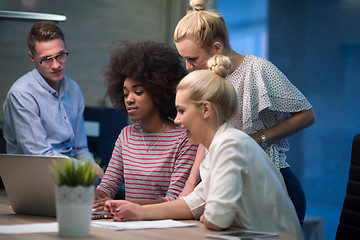 Image showing Multiethnic startup business team in night office