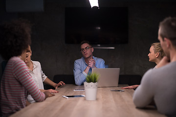 Image showing Multiethnic startup business team in night office