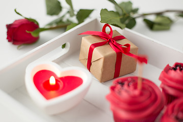 Image showing close up of gift box and sweets for valentines day