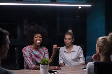 Image showing Multiethnic startup business team in night office