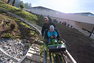 Image showing father and son enjoys driving on alpine coaster