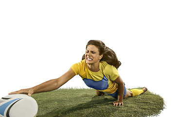 Image showing The young female rugby player isolated on white backround